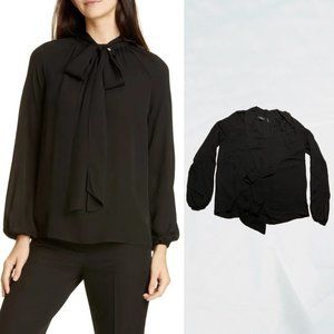 Theory Black 100% Silk Scarf Top Georgette Sheer Blouse Sz P